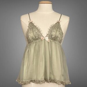 Retro Y2K Womens Top S Sage Green Lace Babydoll Cami Lingerie Sexy Night Out